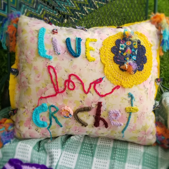 Crochet Vintage Art Boho Patchwork Handmade Pillow - Picture 1 of 5
